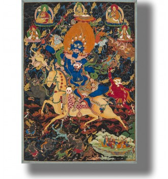 Tibetan artwork showing Kali riding a horse and surrounded by deities, spirits, and sacred figures.