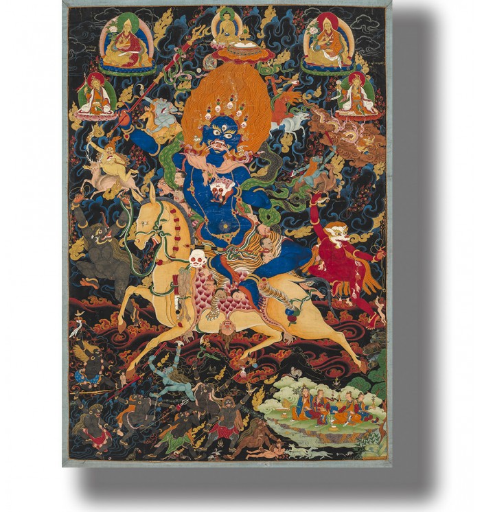 Tibetan artwork showing Kali riding a horse and surrounded by deities, spirits, and sacred figures.
