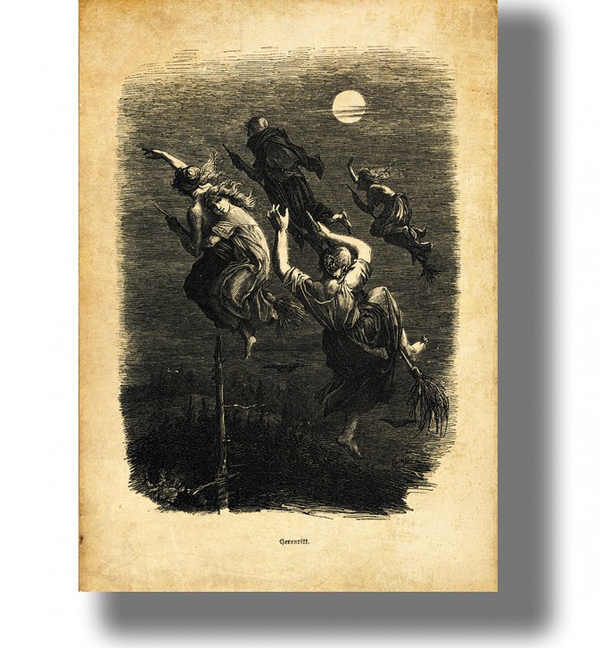 Old illustration showing witches flying through the night sky on broomsticks under the moon.