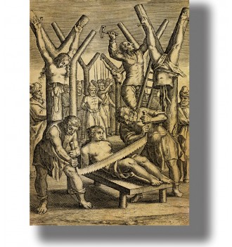 Vintage-style medieval illustration showing a martyrdom scene with several figures, including a man being cut on a bench.