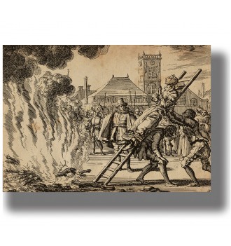 Old engraving showing an accused witch tied to a ladder and carried toward a burning pyre before a crowd in a town square.