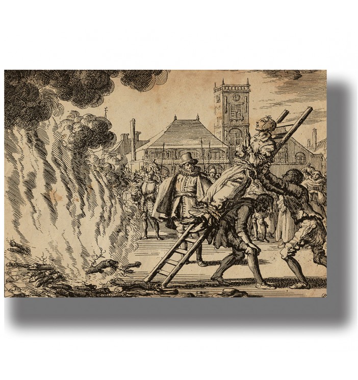 Old engraving showing an accused witch tied to a ladder and carried toward a burning pyre before a crowd in a town square.