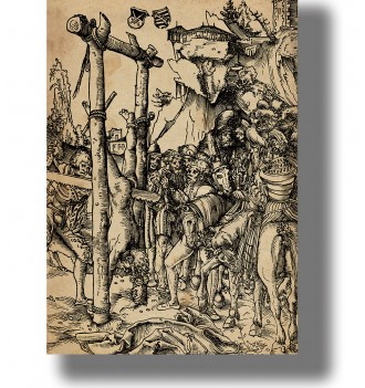 Antique religious illustration of the execution of Saint Simon in a crowded historical scene.