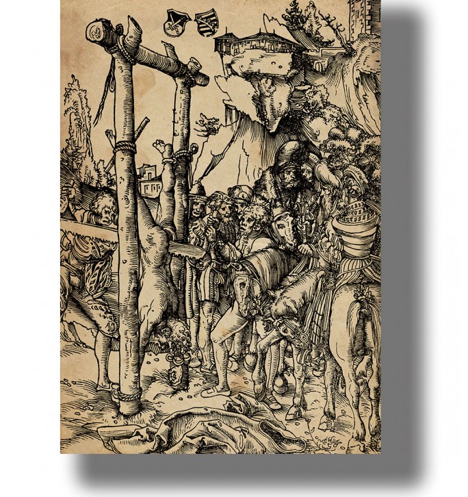 Antique religious illustration of the execution of Saint Simon in a crowded historical scene.