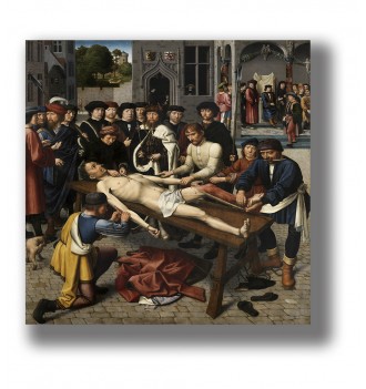 Medieval scene of a corrupt judge being skinned on a table before a crowd in a city courtyard.