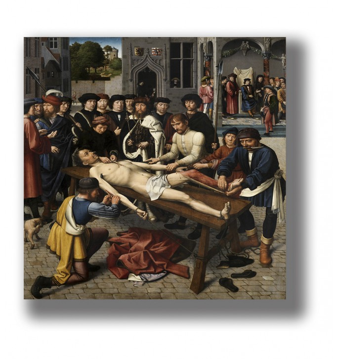 Medieval scene of a corrupt judge being skinned on a table before a crowd in a city courtyard.