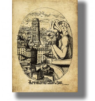 Gothic illustration of the Notre-Dame gargoyle Le Stryge looking over the rooftops of Paris.