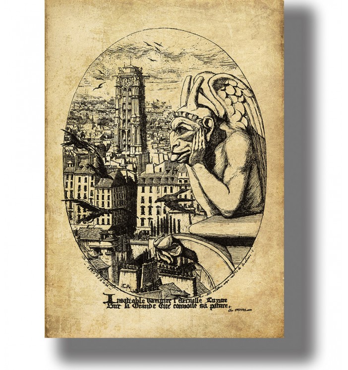 Gothic illustration of the Notre-Dame gargoyle Le Stryge looking over the rooftops of Paris.