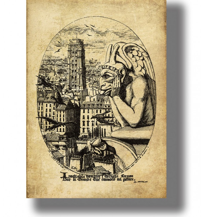 Gothic illustration of the Notre-Dame gargoyle Le Stryge looking over the rooftops of Paris.