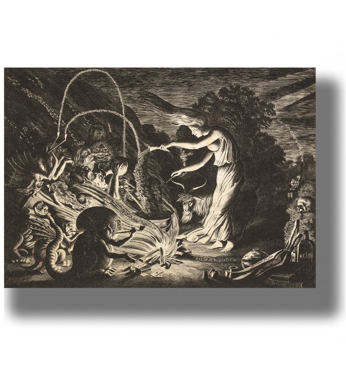 Old occult image of witches and demons beside a cauldron, with a goat and strange ritual scene.