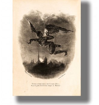 Dark lithograph of Mephistopheles flying above a city at night with wings spread wide.