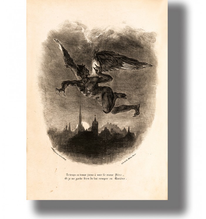 Dark lithograph of Mephistopheles flying above a city at night with wings spread wide.