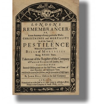 Old London plague book page decorated with skeletons, skulls, bones, and Memento Mori symbols.