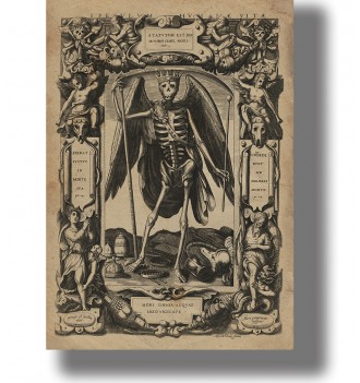 Old engraving showing a crowned winged skeleton holding a staff and surrounded by religious and symbolic figures.