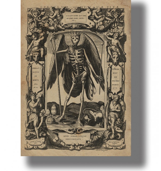 Old engraving showing a crowned winged skeleton holding a staff and surrounded by religious and symbolic figures.
