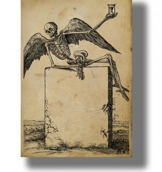 Old illustration of a winged skeleton sitting on a tombstone and holding an hourglass.