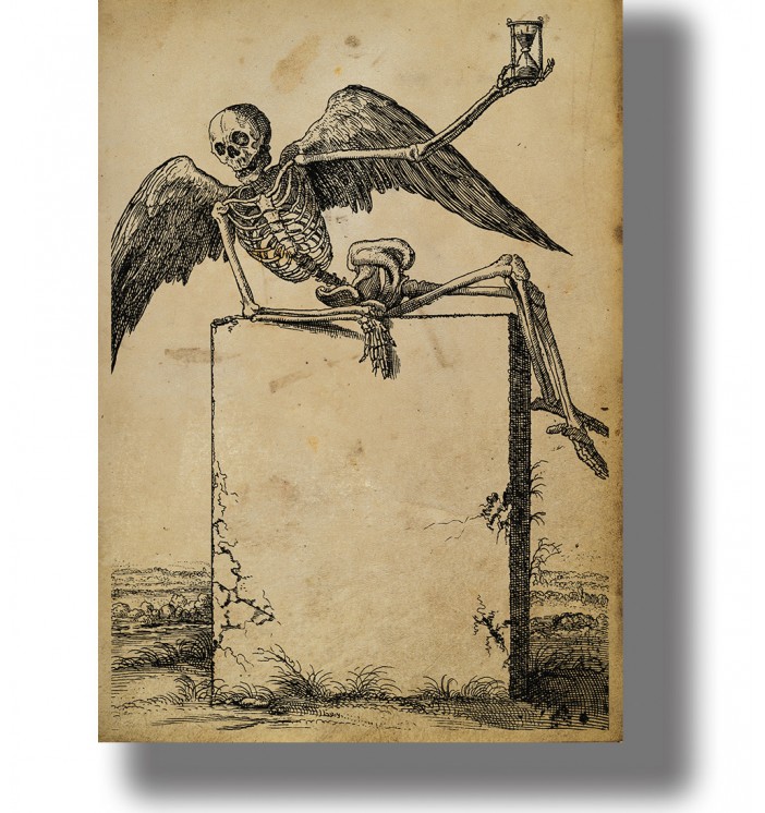 Old illustration of a winged skeleton sitting on a tombstone and holding an hourglass.