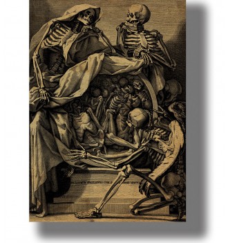 Old engraving showing three skeletons around a circular portal filled with human bodies.