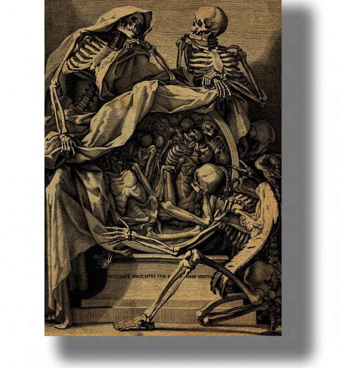 Old engraving showing three skeletons around a circular portal filled with human bodies.