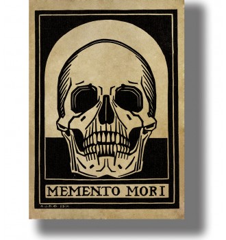 Vintage black and white illustration of a human skull with the words Memento Mori below.