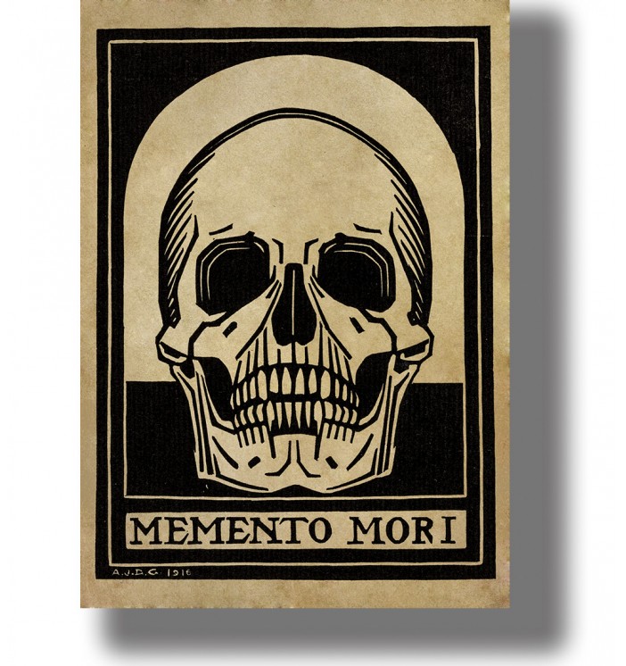 Vintage black and white illustration of a human skull with the words Memento Mori below.