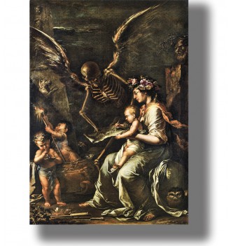 Dark painting showing a winged skeleton of Death standing behind a seated woman and child.