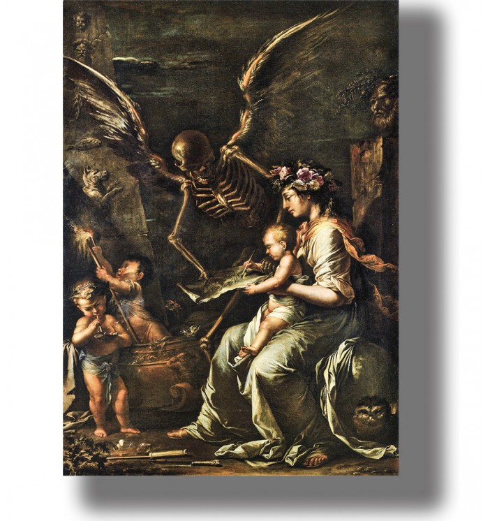 Dark painting showing a winged skeleton of Death standing behind a seated woman and child.