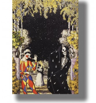 Illustration showing Harlequin beside a cloaked skeleton of Death in a garden at night.