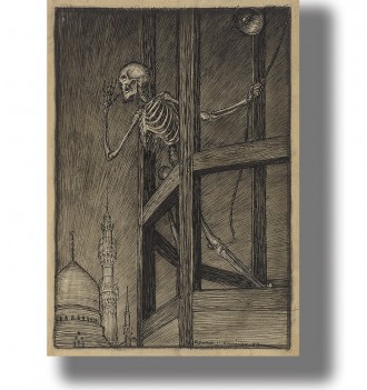 Old illustration of a skeleton ringing a large bell in a tower above a city.