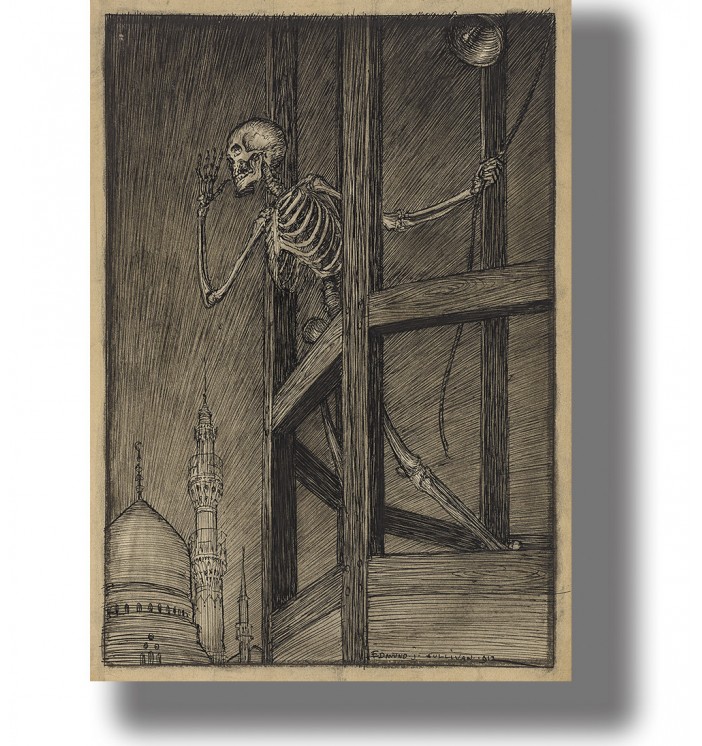 Old illustration of a skeleton ringing a large bell in a tower above a city.