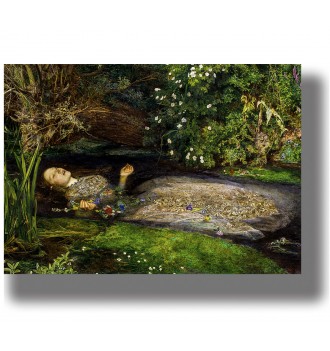 Painting of Ophelia floating in a river surrounded by flowers and green plants.