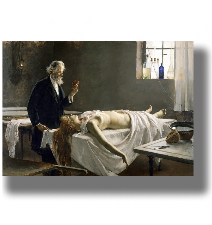 A dark painting of an old doctor holding a human heart beside a woman lying on a table in an anatomy room.