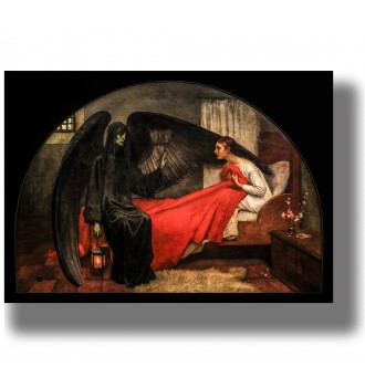 Dark winged figure of Death standing beside a frightened young woman sitting on a bed with a bright red blanket.