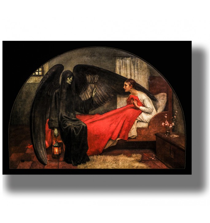 Dark winged figure of Death standing beside a frightened young woman sitting on a bed with a bright red blanket.