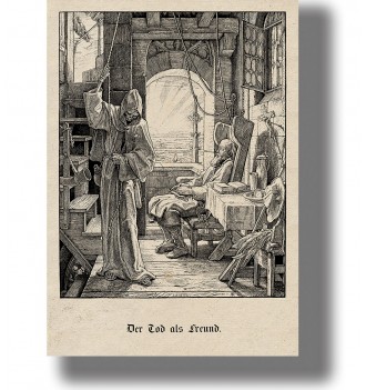 Old engraving showing hooded Death beside an elderly man resting in a chair inside a tower room.