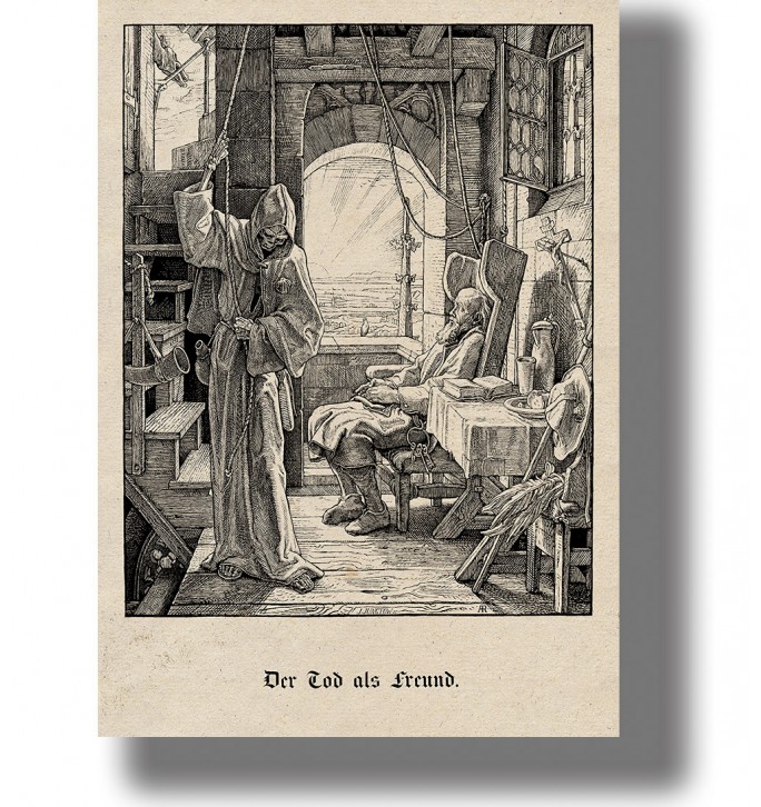Old engraving showing hooded Death beside an elderly man resting in a chair inside a tower room.