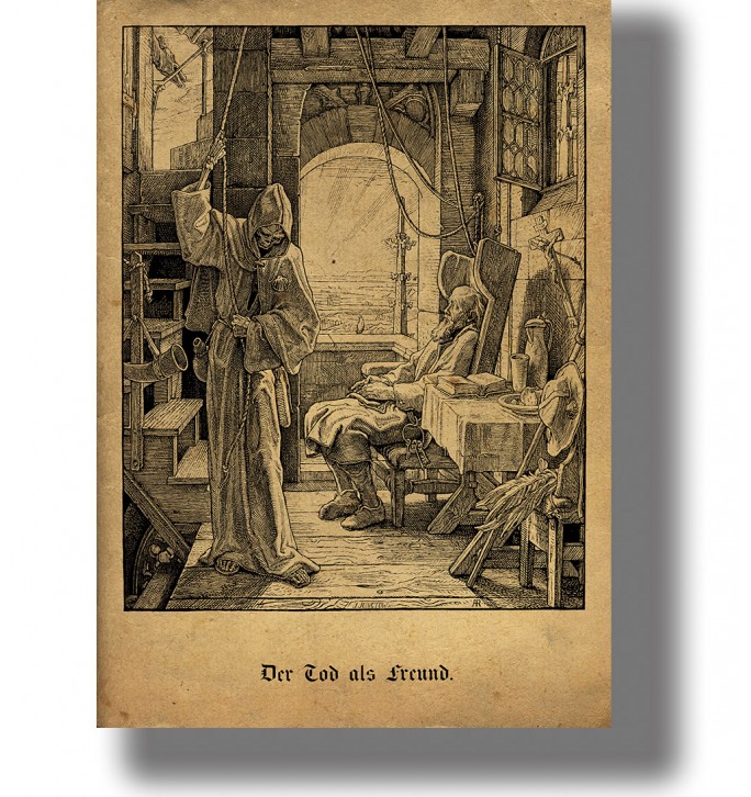 Old engraving showing hooded Death beside an elderly man resting in a chair inside a tower room.