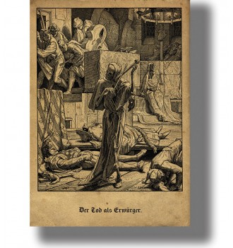 Old engraving showing a robed skeleton playing human bones like a violin among fallen people.