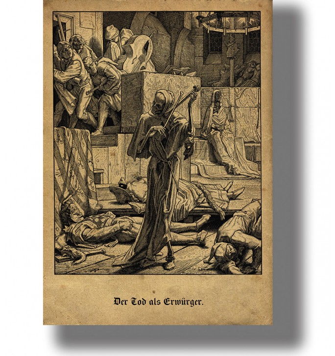 Old engraving showing a robed skeleton playing human bones like a violin among fallen people.