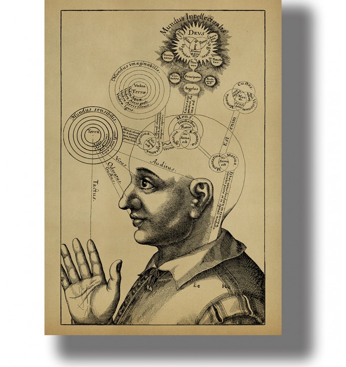 Old diagram of a human head showing the five senses, memory, reason, intellect and the divine world above.