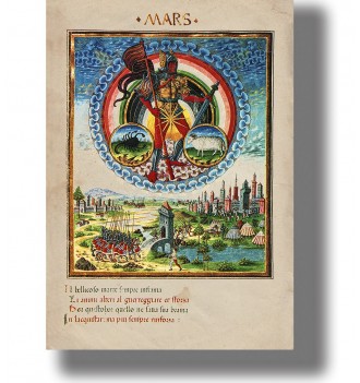 Medieval illustration of Mars as an armored warrior holding a spear above a battle scene, with Aries and Scorpio symbols.