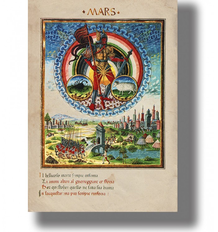 Medieval illustration of Mars as an armored warrior holding a spear above a battle scene, with Aries and Scorpio symbols.
