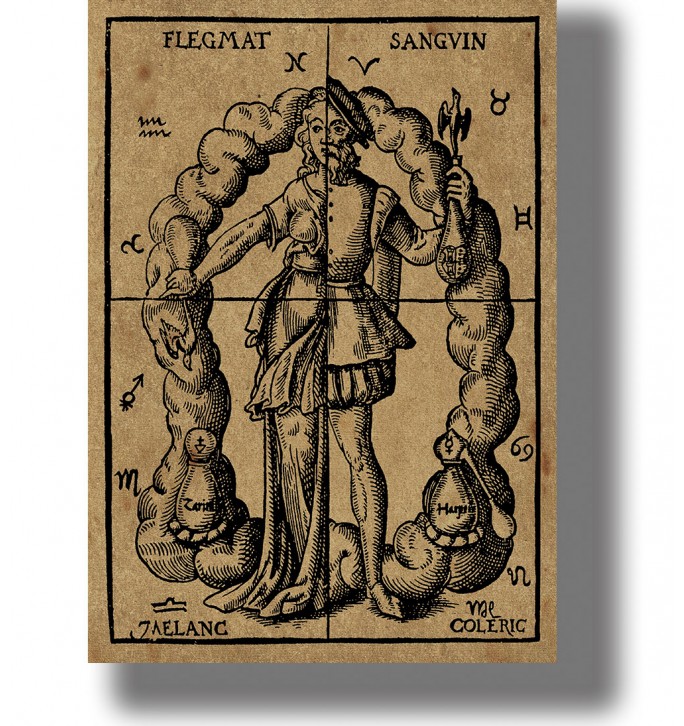 Old alchemical image showing a divided male and female figure with phlegmatic, sanguine, choleric and melancholic temperaments.