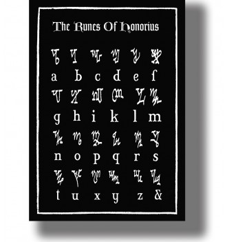 Black and white chart of the Theban alphabet showing occult symbols paired with Latin letters from A to Z.
