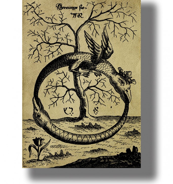 Vintage illustration of Ouroboros, the serpent eating its own tail, symbolizing eternity and cycles of nature.