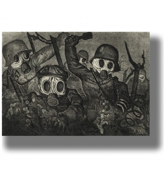 Black and white war illustration showing soldiers in gas masks advancing through a battlefield.