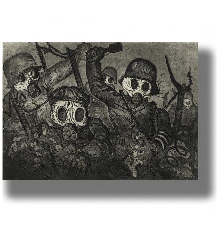 Black and white war illustration showing soldiers in gas masks advancing through a battlefield.