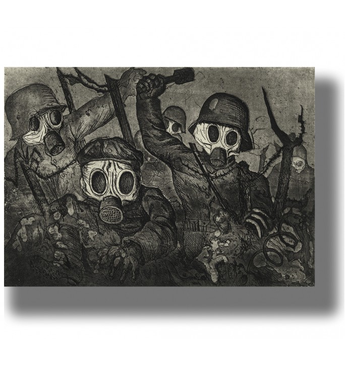 Black and white war illustration showing soldiers in gas masks advancing through a battlefield.