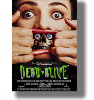 Woman pulling open her mouth to reveal a skull with bright blue eyes in a bizarre vintage-style movie poster.