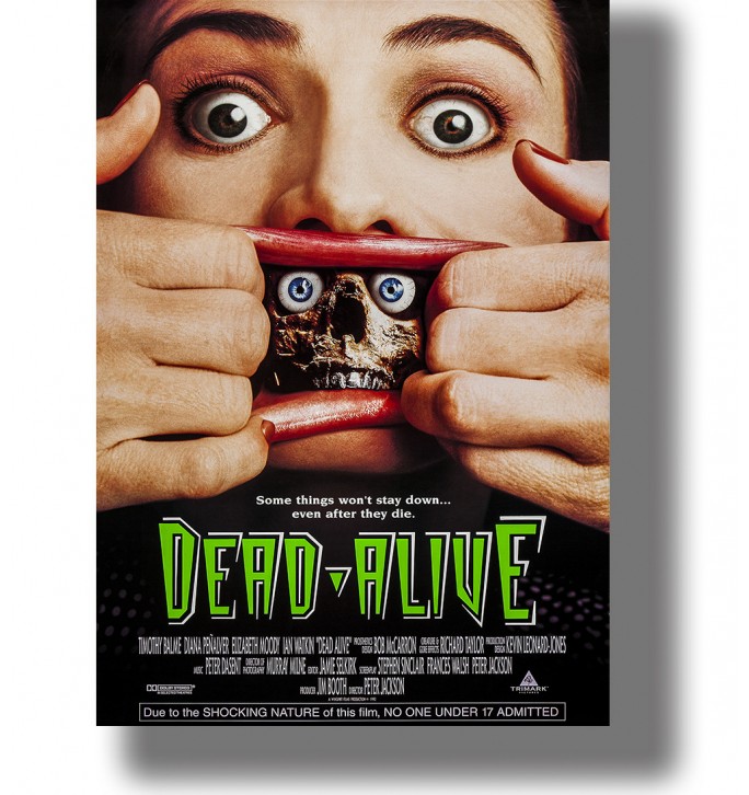 Woman pulling open her mouth to reveal a skull with bright blue eyes in a bizarre vintage-style movie poster.